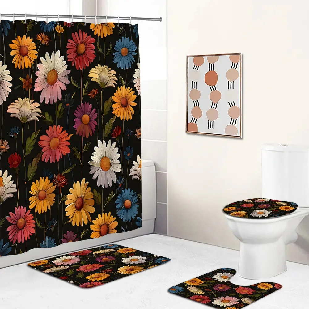 Floral Shower Curtain Set Colorful Flower Daisy Dandelion Poppy Flower Leaf Herb Plant Oil Painting Bath Mat Toilet Lid Cover