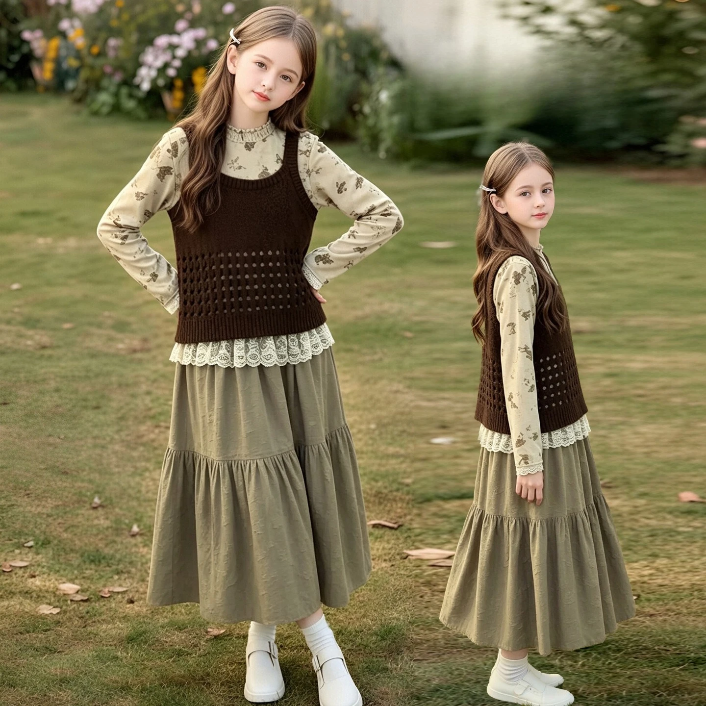 Girls Super Cute Set 2026 Fall Kids Fall Knit Vest Ruffled Undershirt Skirt Three Piece Set Autumn Clothing