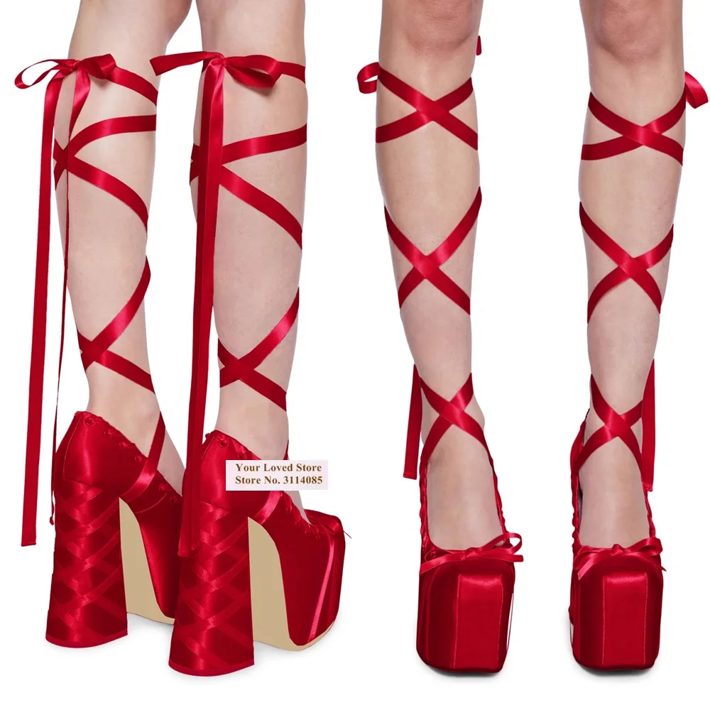 

Женские ярко-красные атласные туфли-лодочки на необычном каблуке, роскошные свадебные туфли из шелковой ткани на высокой платформе, туфли на шнуровке с лентой-бабочкой
