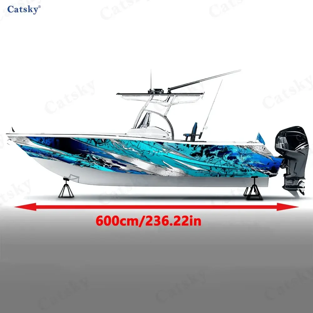 2Pcs Blue Lightning Cracked Stone Boat Stickers, PVC Waterproof Vinyl Wrap Decals for Fishing Boats, Durable and Stylish Design