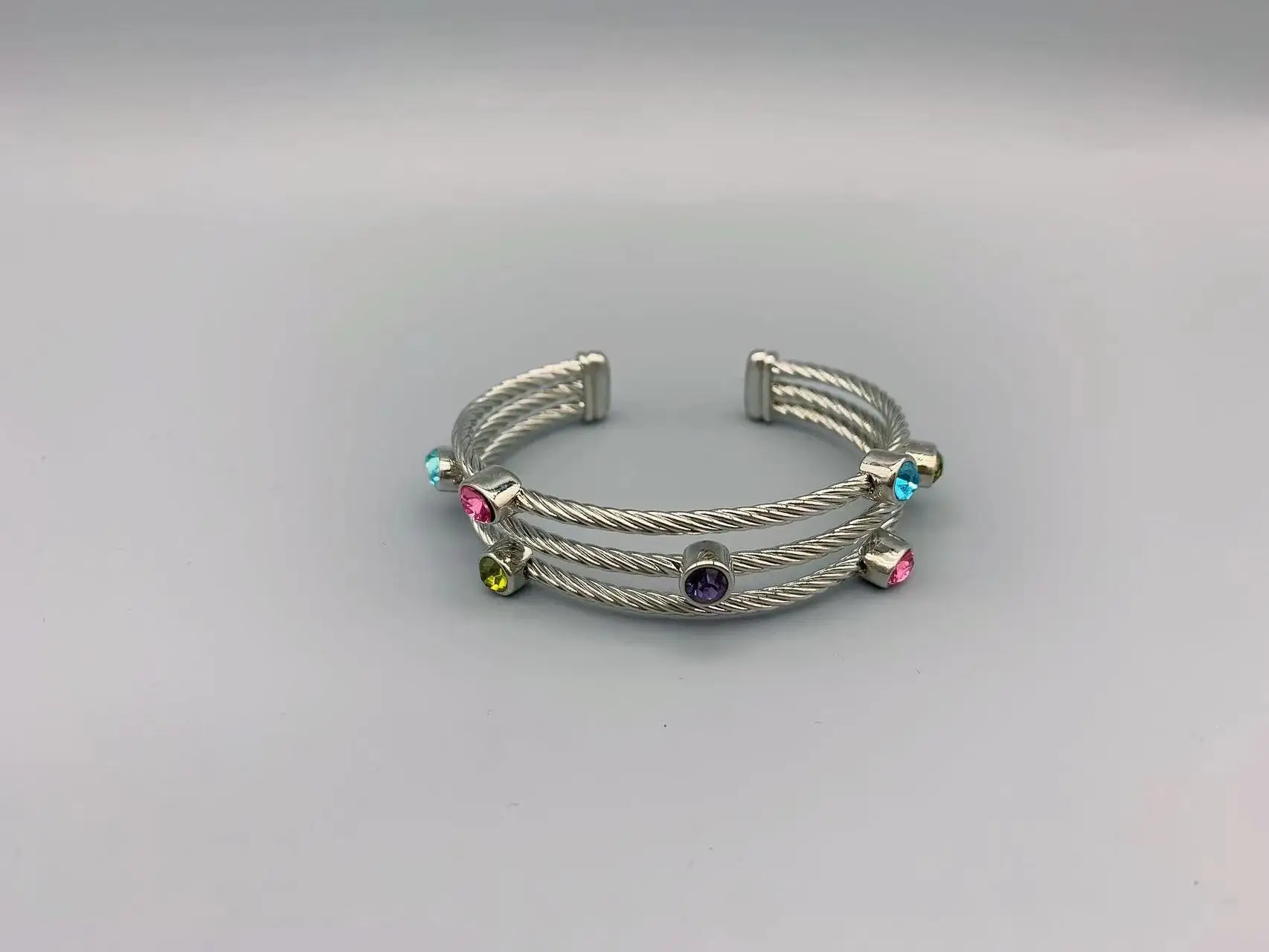 

Le Han Jewelry Silver Crossover Three Row Cuff With Multi Colour Stone Bracelet 2