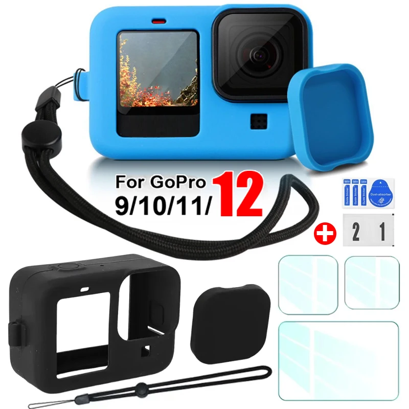 For GoPro Hero 12 11 10 9 Silicone Case Protective Sleeve Lanyard HD Tempered Glass Screen Protector Lens Cap for GoPro12 Black