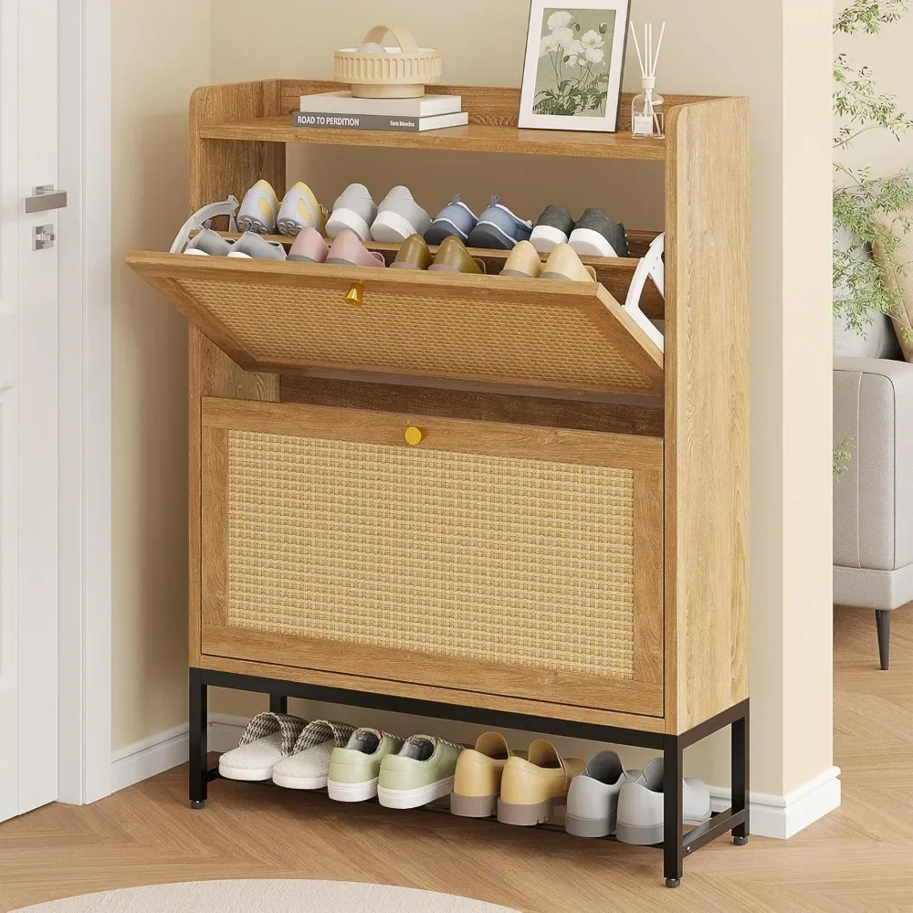 

Shoe Cabinet Storage for Entryway, Slim Rattan Shoe Organizer Rack with 2 Flip Drawers, Freestanding Organizer for 24-32 Pairs,