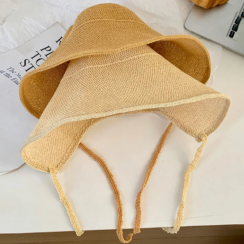 リネンストローレジンシーボンネットサンハット、リボン付きワイドブリムビーチキャップ、女性用レースアップアウトドアサマーアクセサリー