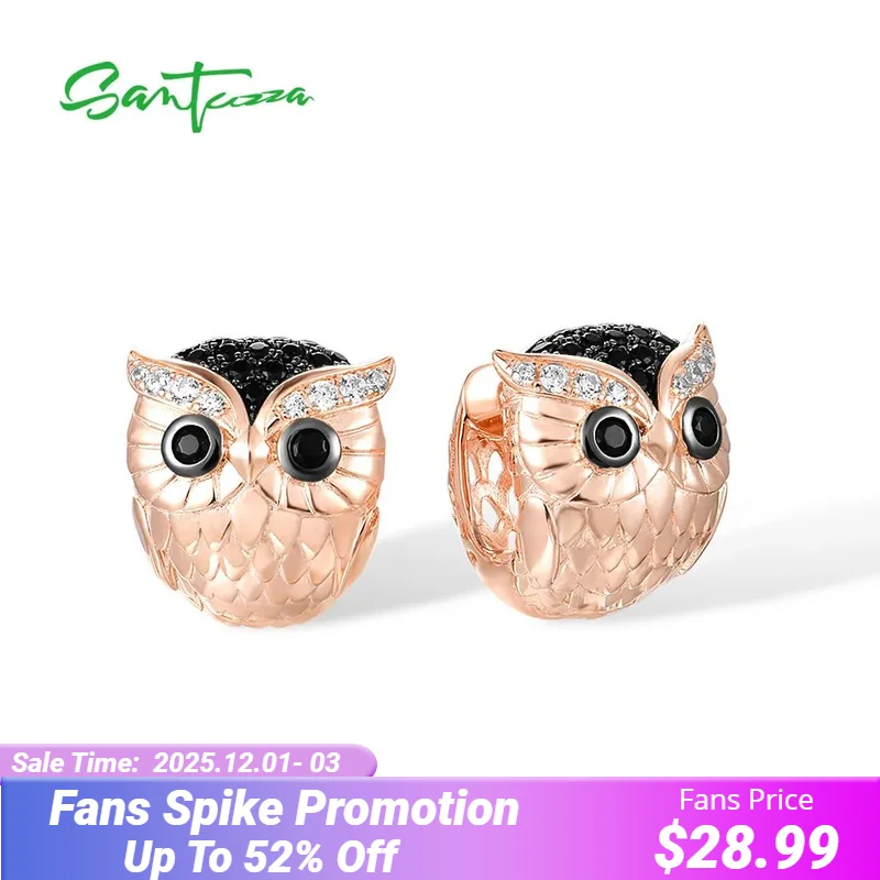 

Женские серебряные сережки SANTUZZA, из серебра 925 пробы с черной шпинелью и белым кубическим цирконием в виде совы, модные ювелирные украшения с животными