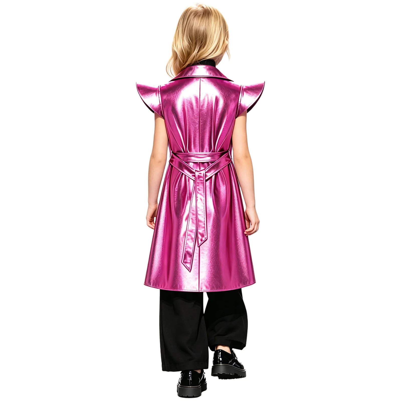 Fashion Boys Girls Metallic Trench Coat Cap Sleeve Open Front Long Coat for Stage Performance Kids Jazz Dance Costume Streetwear