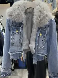 Fur Liner thick denim jacket for women autumn winter 2023 new short fashion Rivet fox fur collar fur coat Female Outerwear Y4539