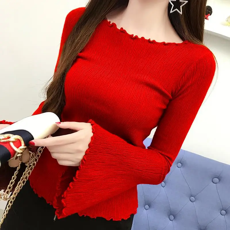 2023 New Spring and Autumn Fashion Wooden Ear Edge One Line Neck Flare Sleeve Slim Fit Oversize Elastic Large Solid T-Shirt