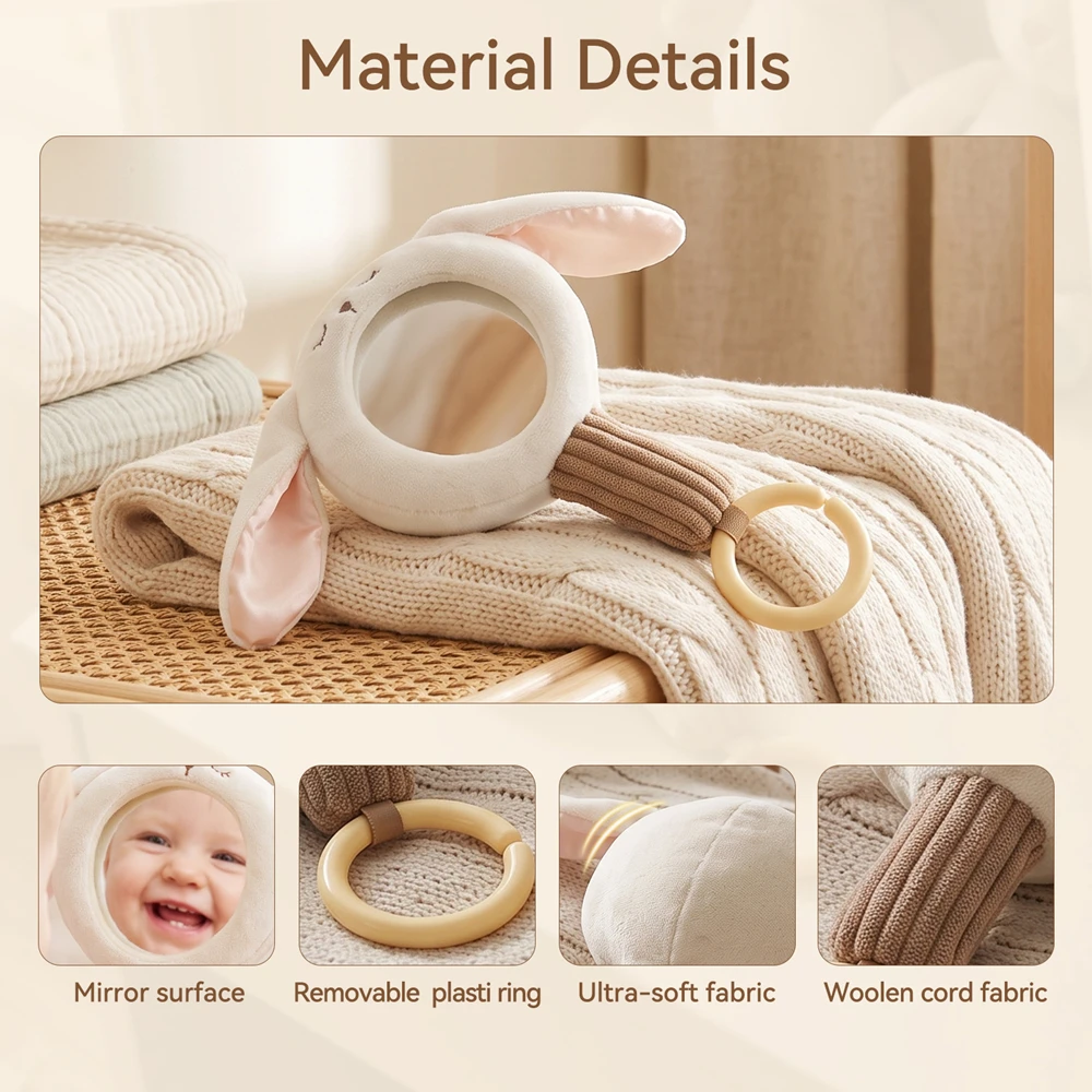 Baby Handheld Sensory Mirror Toys Plush Rabbit Rattle Toys for Hand Eye Coordination Auditory Training 0 12 Months Newborn Gift