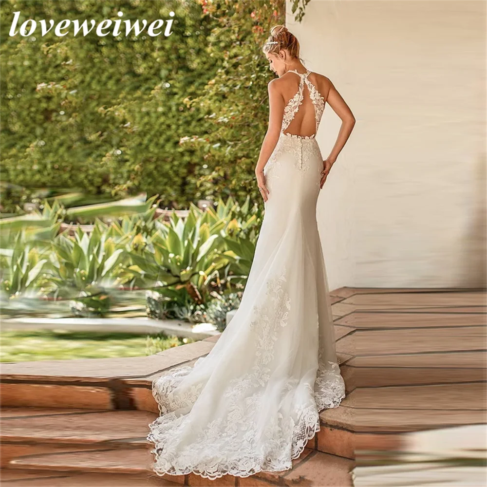 Abito da sposa Sexy a sirena senza maniche con scollo a v per donna 2022 Appliques in pizzo Boho abito da sposa con lunghezza del pavimento sul retro aperto su misura