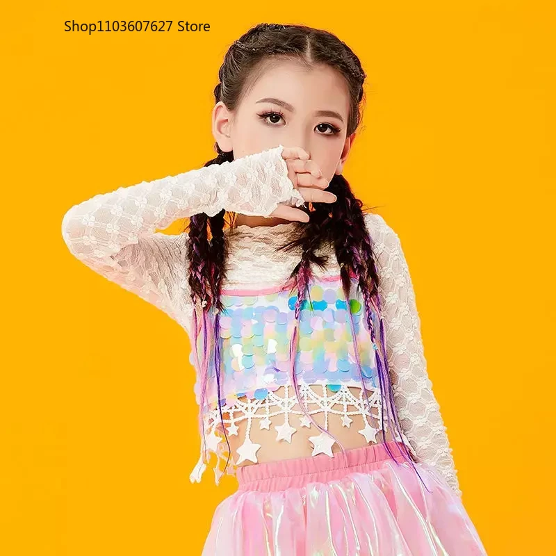 Children Summer Dance Clothes Sequins Net Top Skirt/Pants Set Girls Hip Hop Modern Jazz Streetwear Stage Performance Costume