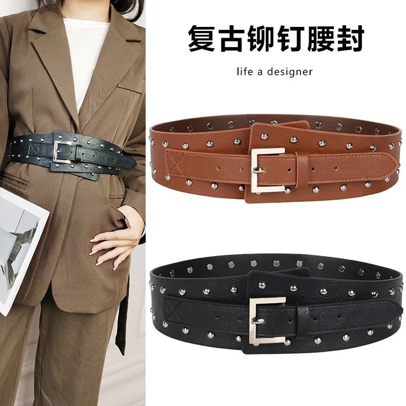 

Western Rivet Design PU Leather Silver Pin Buckle Women Waistband Belt Joker Punk Emo Dress Coat Sweater Belt for Ladies