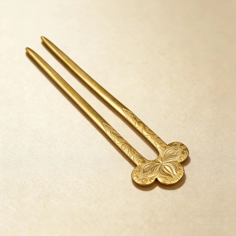 Vintage Chinese Tang Dynasty Engraved Lotus U Shaped Hairpin Gold Plated Copper Lucky Auspicious Hair Stick For Hanfu Cheongsam