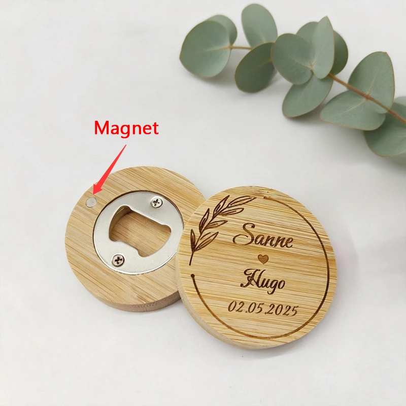 Customizable Bottle Opener - Round Magnetic Bamboo Bottle Opener, Personalized Wooden Bottle Opener for Wedding Guest Favors view 3