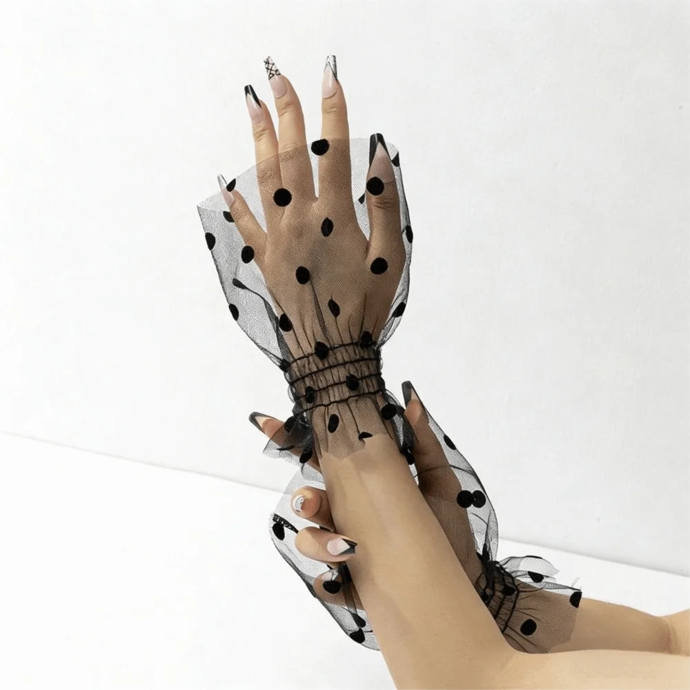 

Pleated Tulle Polka Dot Fake Cuffs Ruffle Elastic Flare Sleeve Thin Mesh Detachable Wristband Clothing Decorative