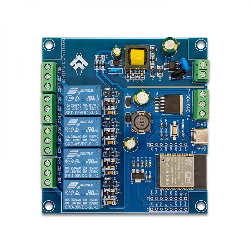 ESP32-C5 WiFi6 BLE 4 Channel Relay Development Board AC220V DC5-30V Power 4M Flash IO UART Pinout for AC250V DC30V Load Control