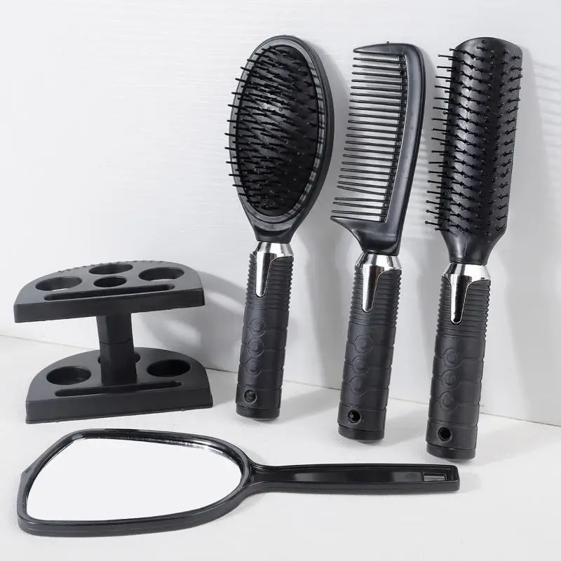 5 Piece Hair Brush and Mirror Set Anti Static Bristles Non Slip Handles Compact Size for Purse Bag Carry Travel Use