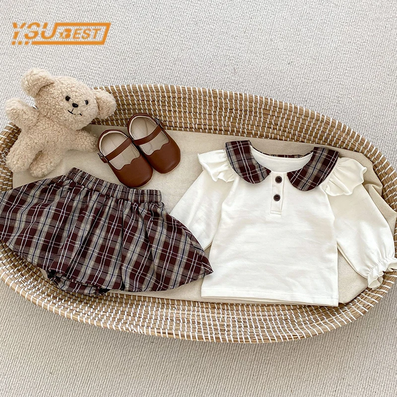 

Infant Baby Girls Clothes Set Autumn Kids Baby Girls Long Sleeve Sweet Solid Color T-shirt + Grid Shorts 2pcs Toddler Clothes