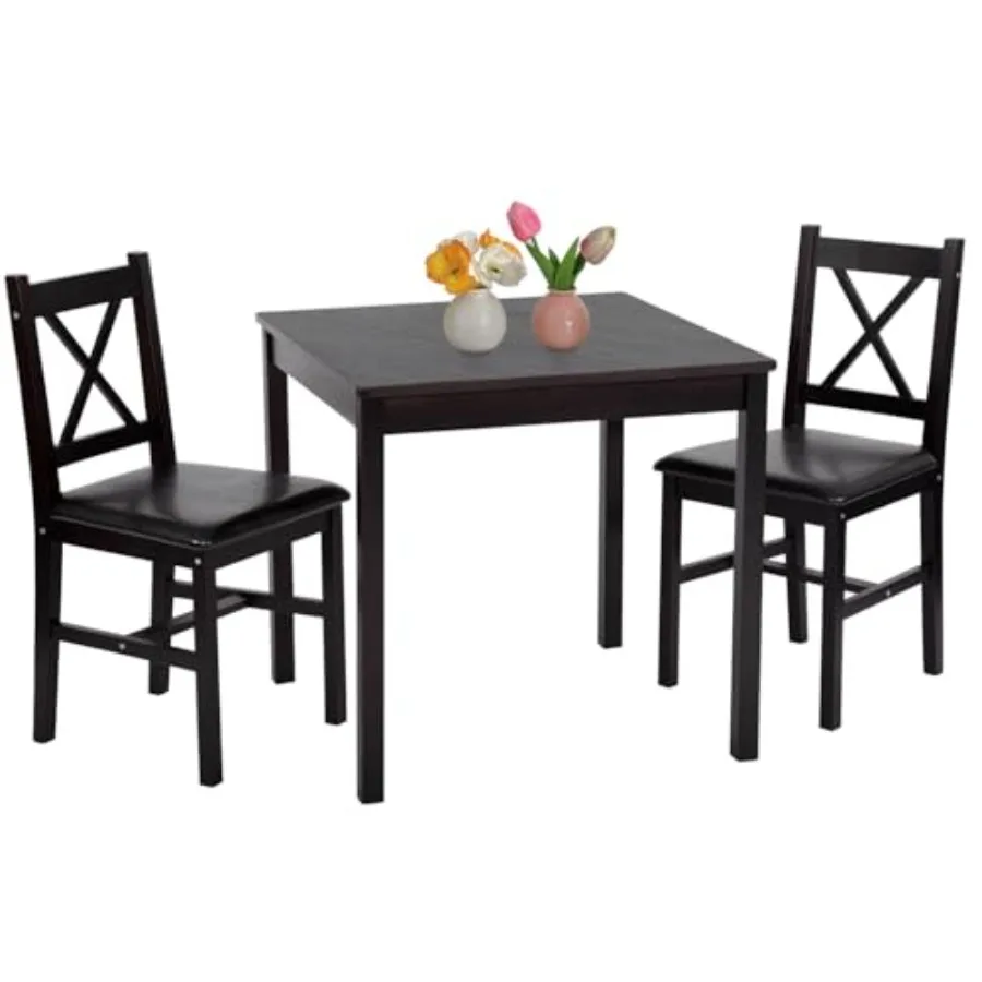 

3-Piece Solid Wood Dining Table Dark Brown Pine Kitchen Table with Upholstered Chairs Space-Saving Design Smooth Easy-to-Clean