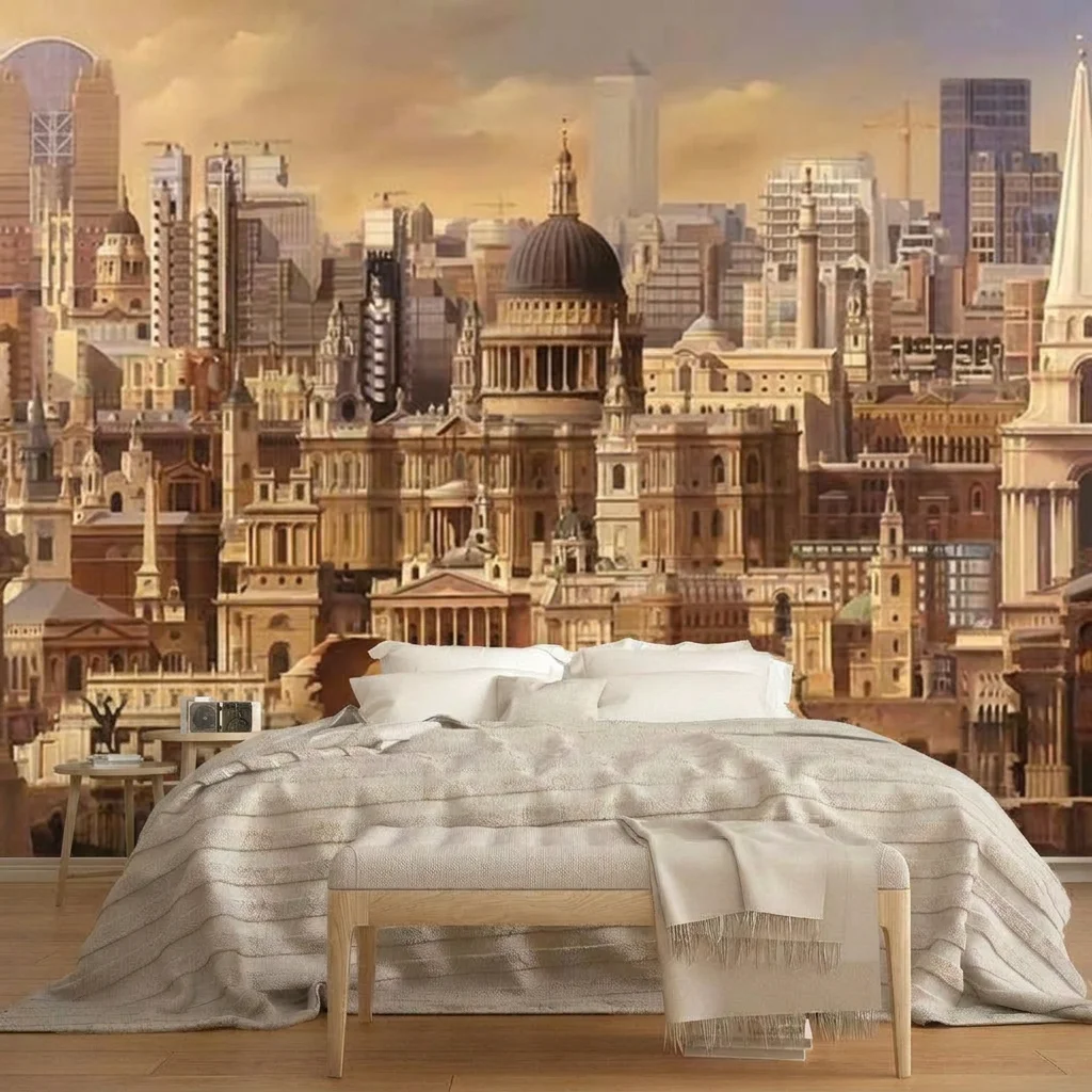 Self-adhesive material featuring a classic cityscape, perfect for living room sofa background and bedroom headboard wall.