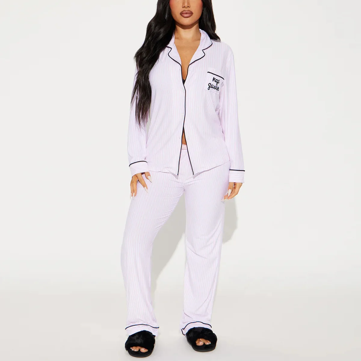 

Комплект домашней одежды, осенне-зимний белый, розовый, полосатый, с лацканами, брюки с длинными рукавами, 2 предмета, женские пижамы, размер S-XL