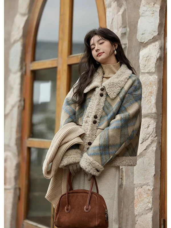 Korean Style Loose Fit Thickened Fleece Lined Long Sleeve Open Cardigan Outerwear Women's Warm Woolen Coat with Plaid Pattern