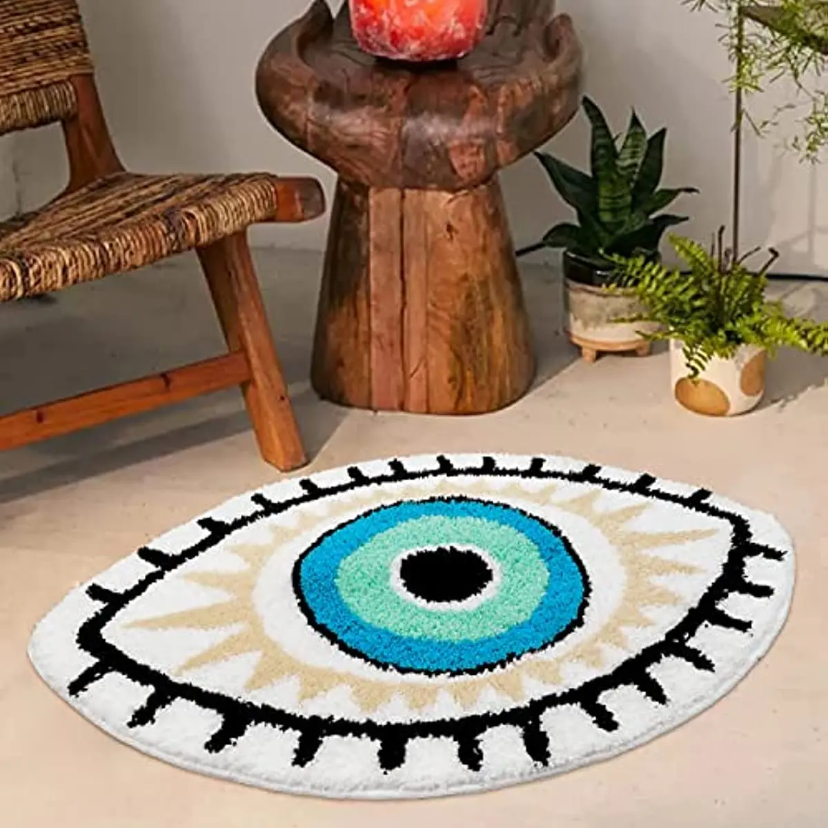 White Evil Eye Rug Bath Mat Non-Slip Kitchen Mat Absorbent Tufted Kids Bathroom Washable Eye Shaped Shaggy Floor Carpet for Pets