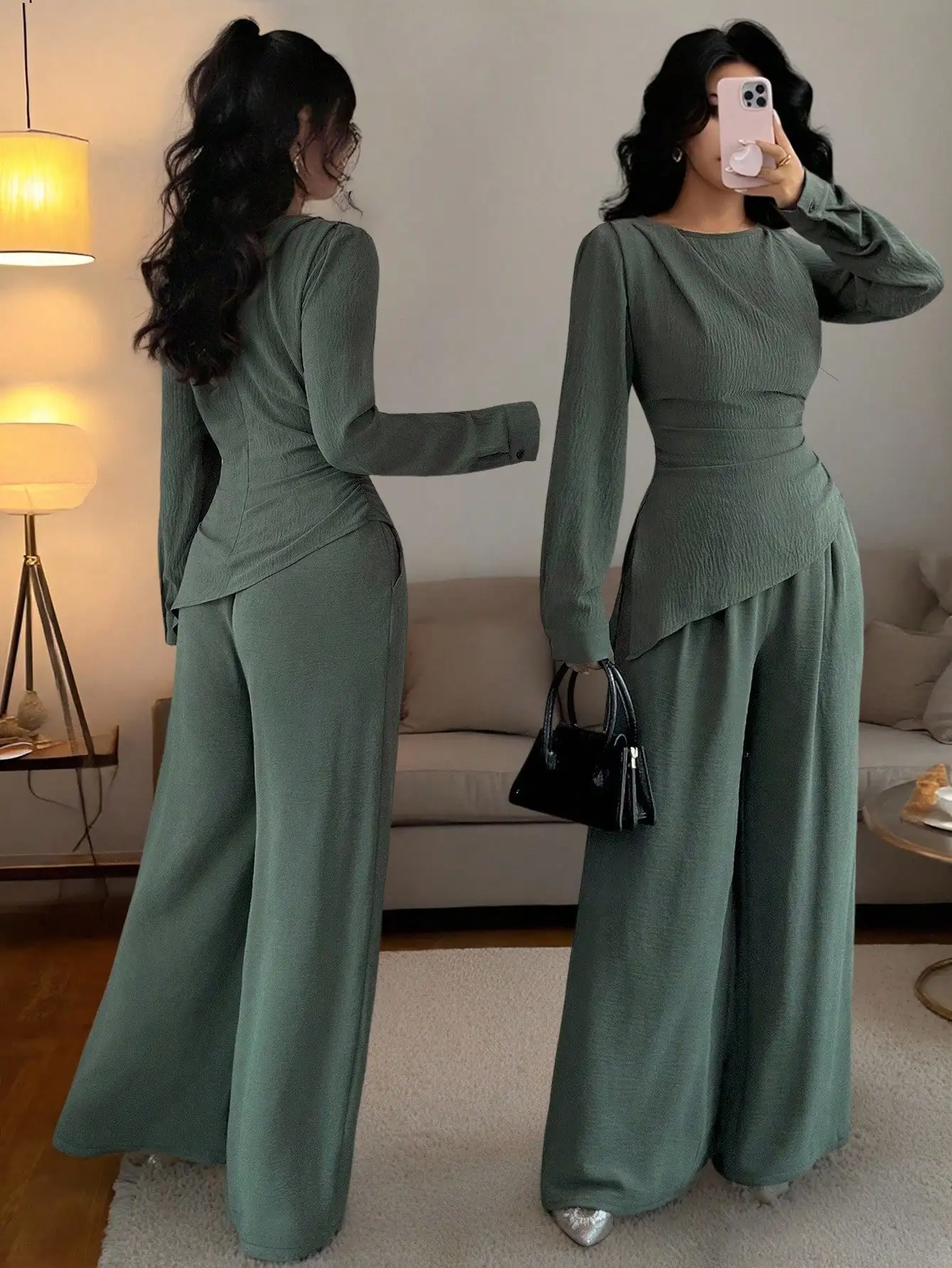 Green Asymmetrical Hem Long Sleeve Matching Set for Women - Casual Office & Daily Wear