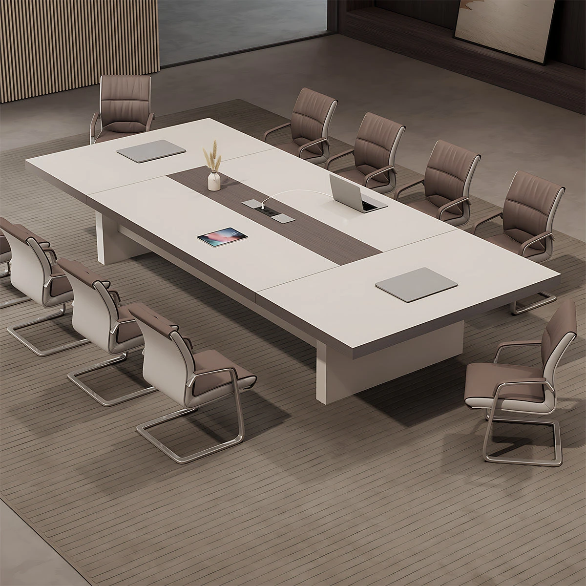 Modern Conference Table 87 To 315 In Wide (7 To 26 Ft) For 6 To 26 People With Built-In Power Outlets Steel Frame