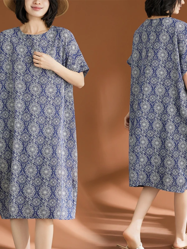 

Skin-Friendly Cotton Linen Short-Sleeve round Neck Thin Dress Medium-Length Dress for plus Size Women Comfortable Loose Fit C...