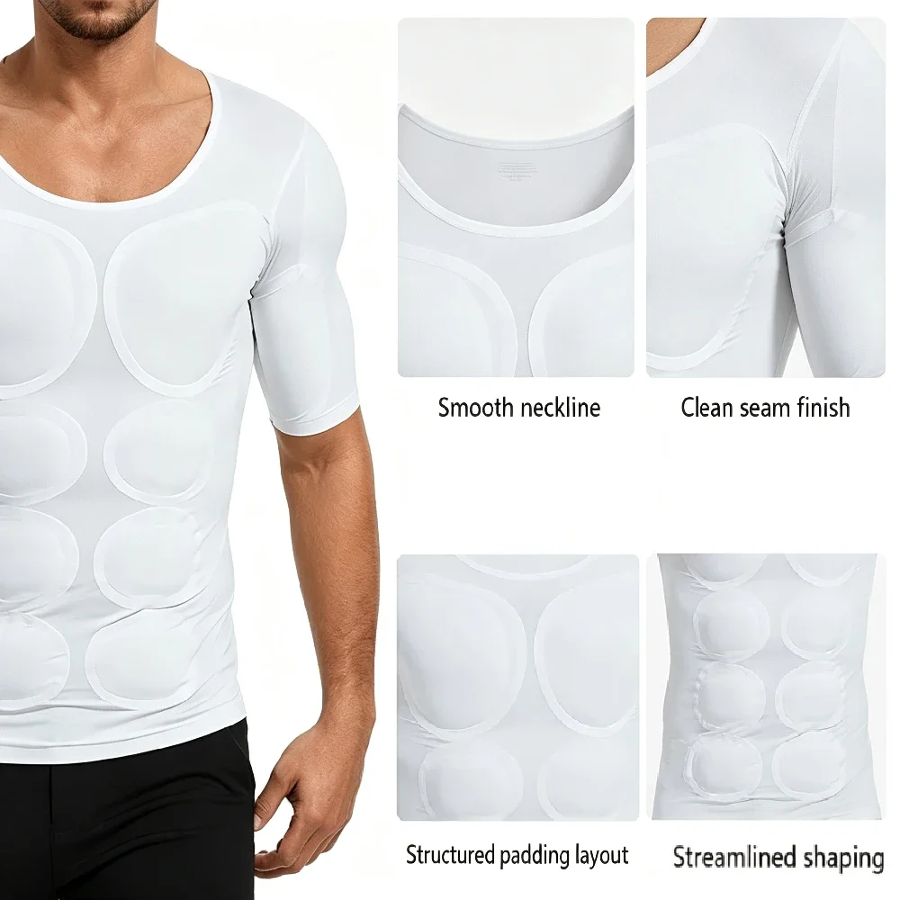 Men Cosplay Fake Muscle Bodysuit, Elastic Padded Chest & False Shoulders Shaper, Compression Underwear T-Shirt for Costume Party