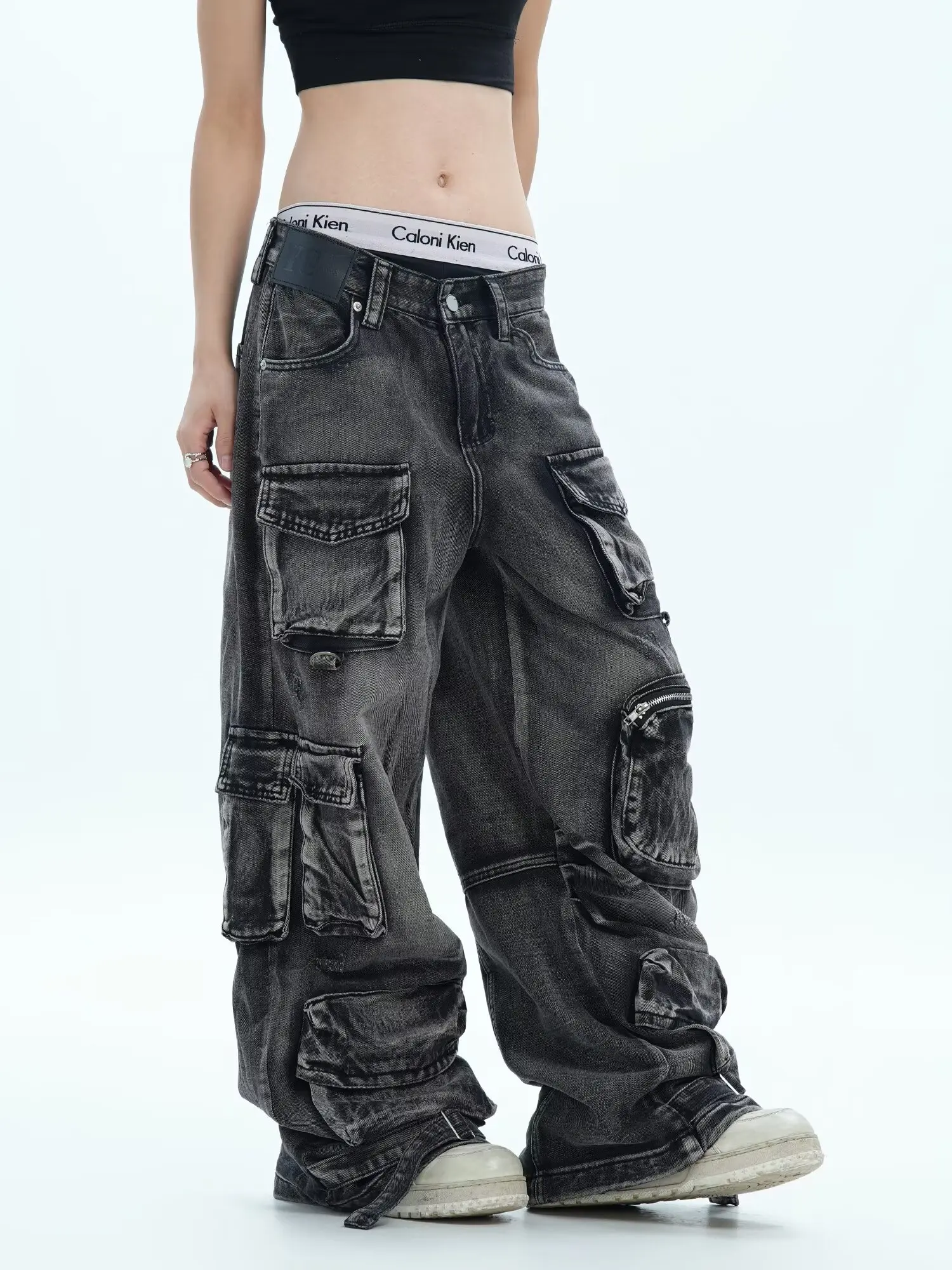 Pantalones vaqueros para mujer 2025, Otoño Invierno, Bolsillo grande Y2K, ropa de trabajo holgada, pantalones de paracaídas, pantalones vaqueros largos de cintura alta