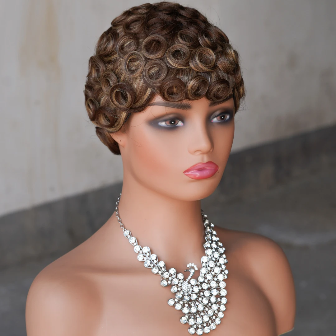 Farbe P427 Echthaar Lockige Pixie-Cut Kurzhaarperücken für Frauen 150% Dichte 6 Zoll Remy-Haar Vollständig maschinell gefertigte Perücken – Detail 9
