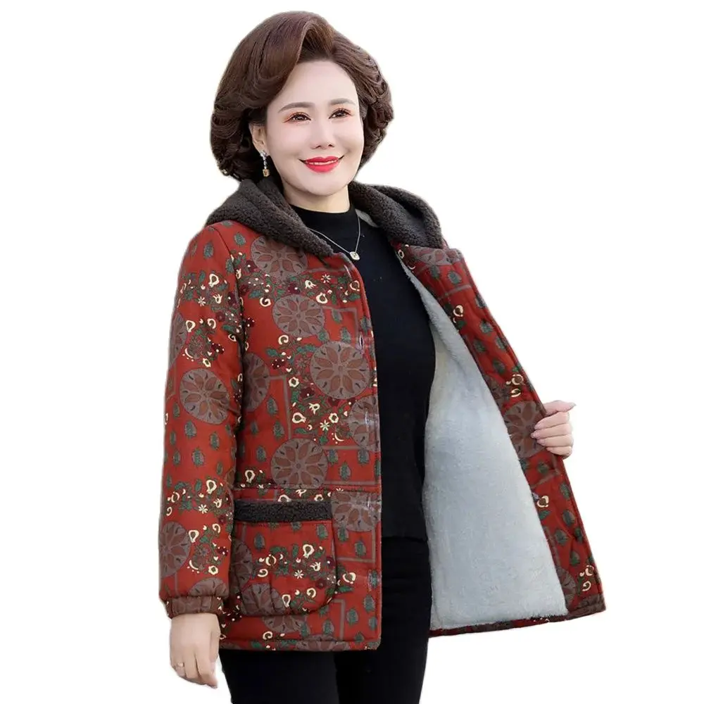 

Mom's Winter Fleece Warm Loose Coat For Middle-aged And Elderly Women's New Large-size Hooded Cotton-padded Jacket For Women 5XL