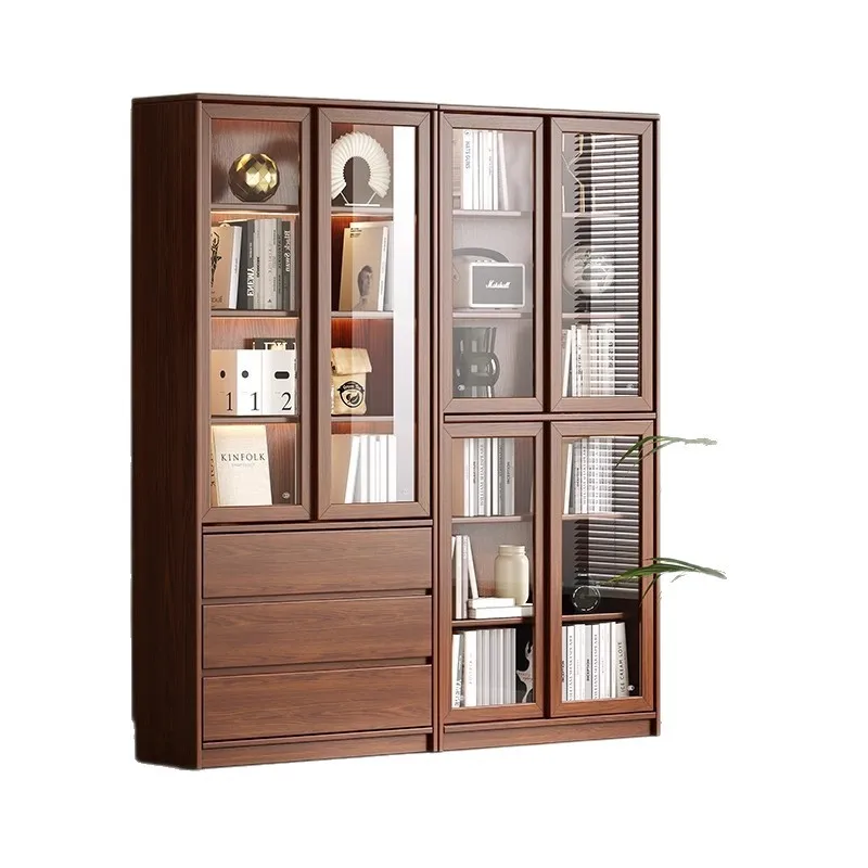 All-Solid Wood Oak Walnut-Colored Bookshelf with Sliding Door and Glass Storage Rack, Floor-standing Cabinet