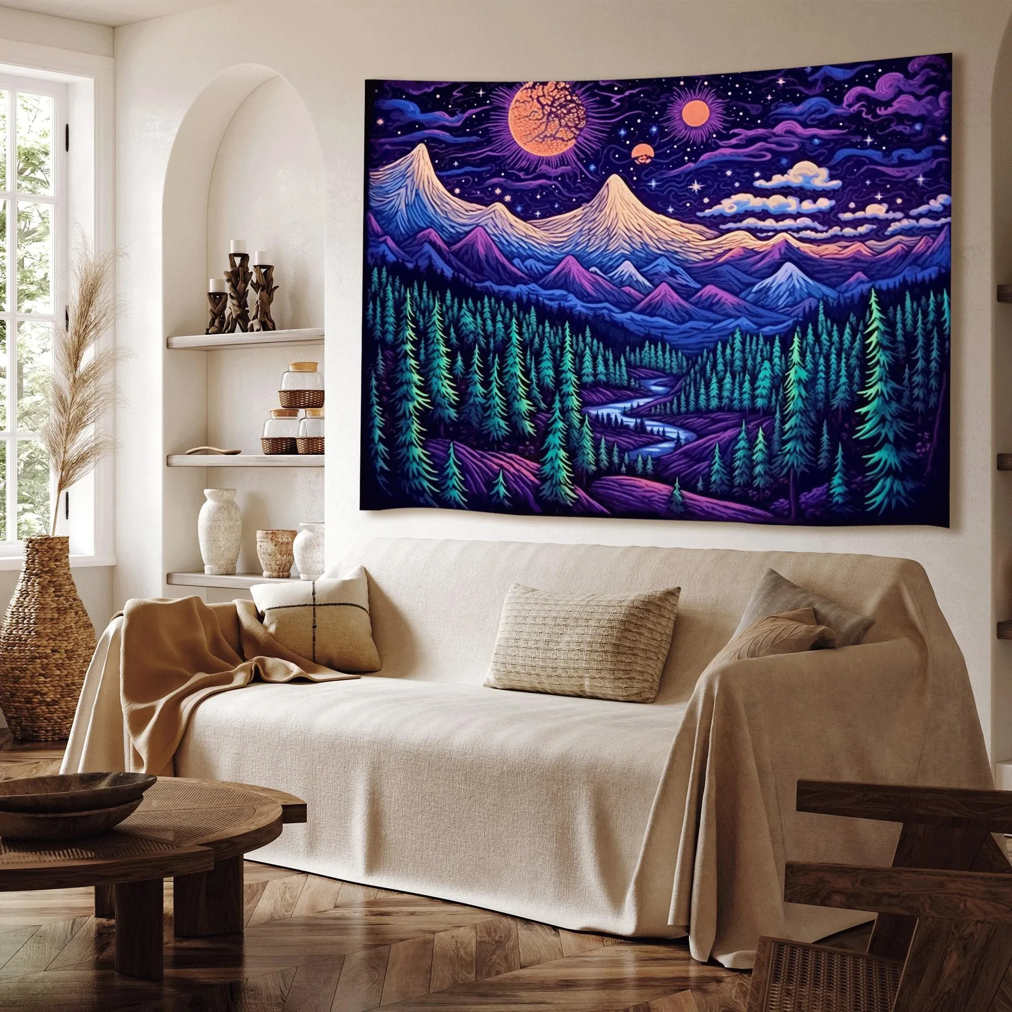 VIKAMA Neon Secret Realm Forest Tapestry Bohemian Starry Sky Background Cloth Living Room Dormitory Decoration Room Decoration