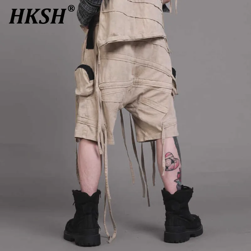 

HKSH Pioneer Waste Land Style Design Niche COS Cotton Wax Dyed Asymmetric Strap Capris Men's Tide Punk Trendy Dark Shorts HK1343