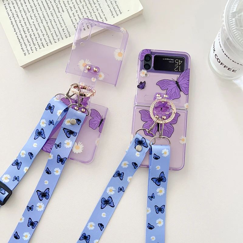 

Case For Samsung Galaxy Z Flip 4 Z Flip 3 DIY Portable Ring Rope Purple Butterfly Mobile Phone Case Cover