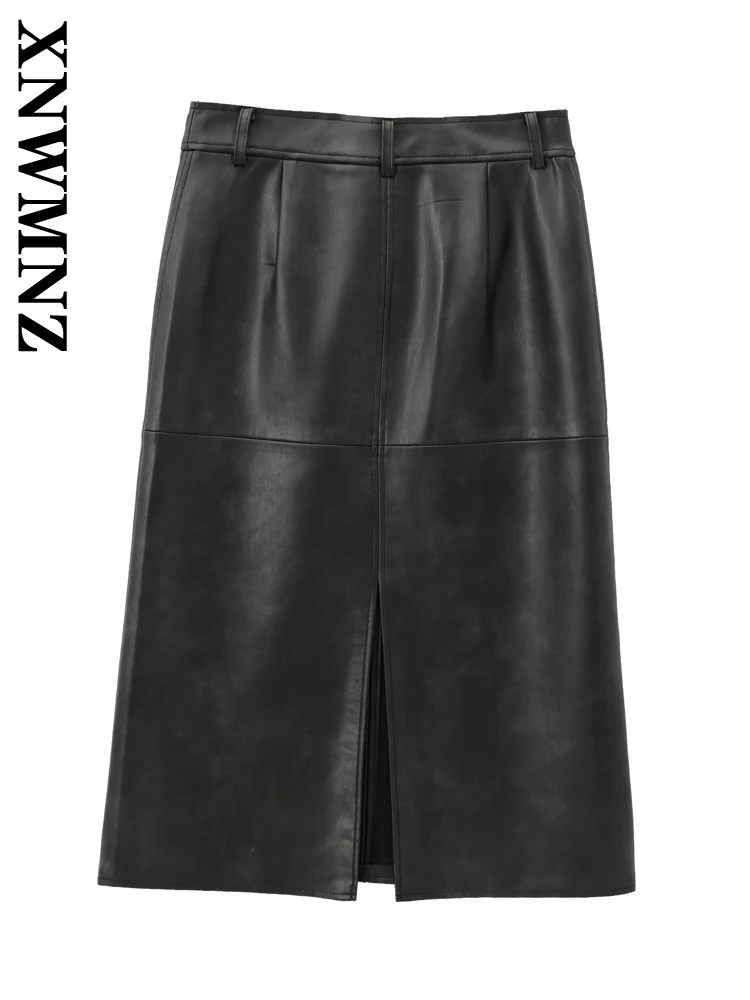 XNWMNZ Woman's 2024 New Summer Vintage zipper Leather Skirt Female Casual Regular Fit Solid Color Imitation Leather Midi Skirt