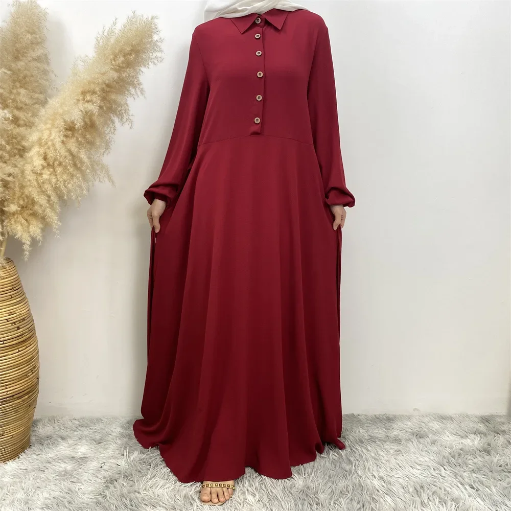 Loose Button Dress with Pockets Dresses for Women Dubai Turkey Elegant Turn Down Collar Abayas Vintage Long Sleeve Muslim Dress