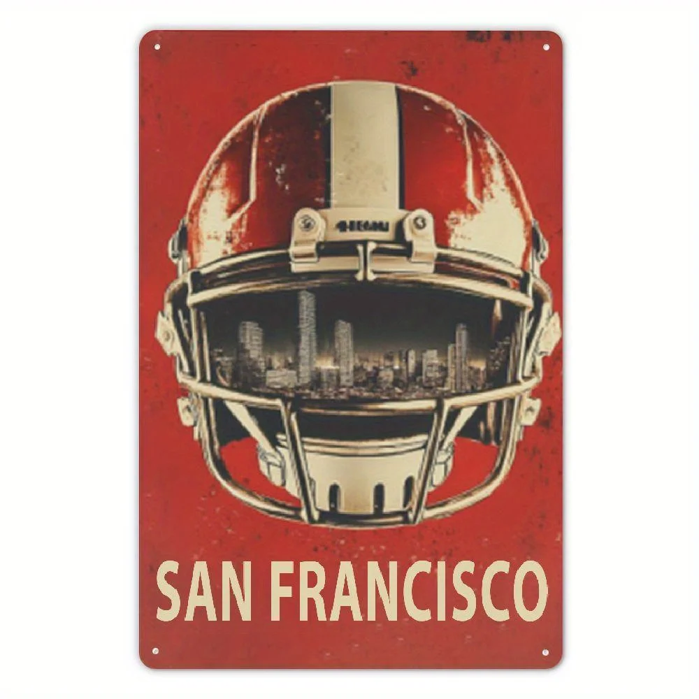 San Francisco Vintage Football Helmet Metal Tin Sign -  Retro Sports Wall Art with City Skyline Design, Durable Iron Garage Caf