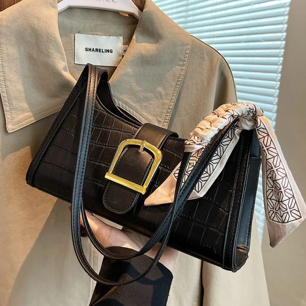 

Vintage French Stick Bag Large Capacity with Scarf PU Leather Shoulder Bag Fashion French Style Rectangle Armpit Bag Outdoor