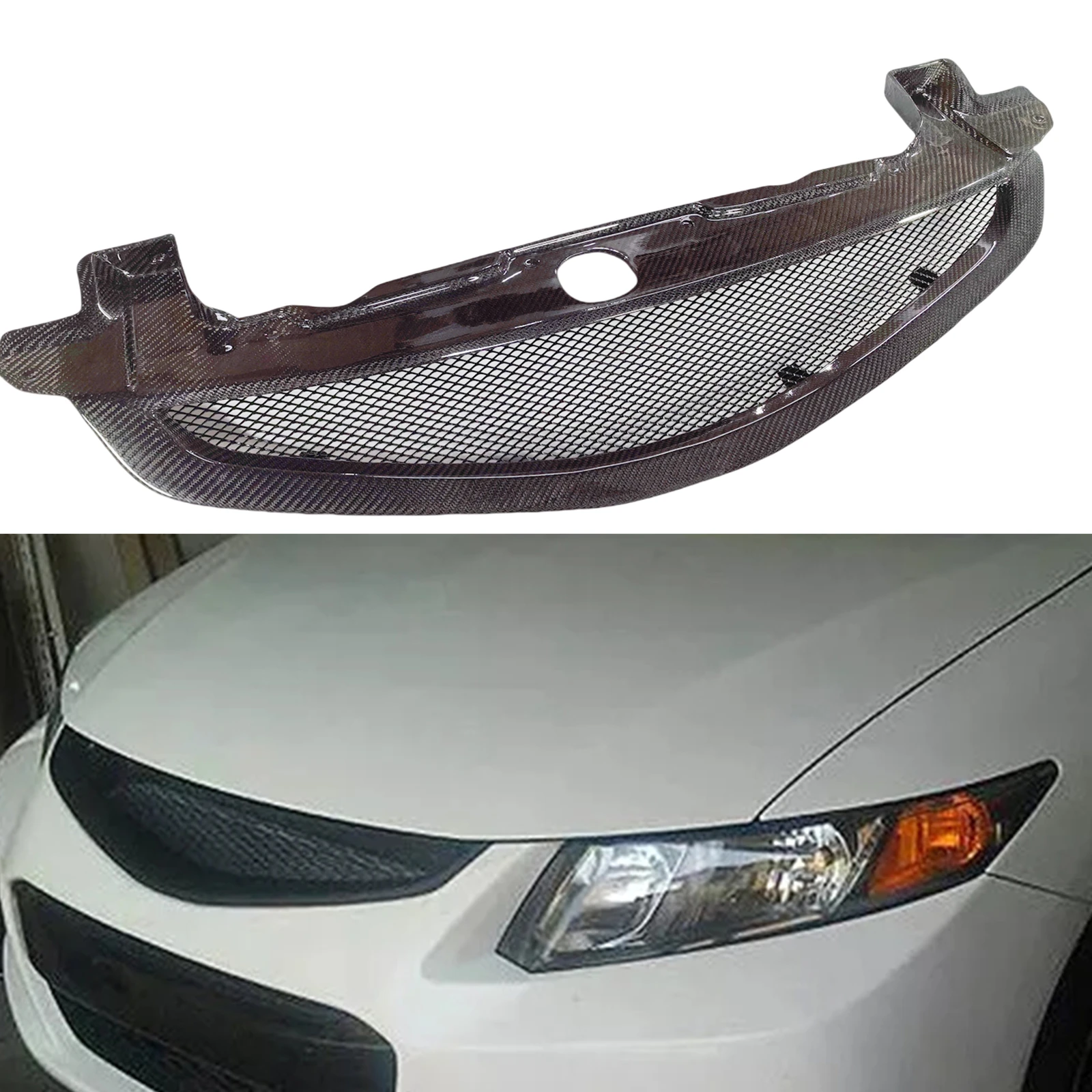 

For Honda Civic 9.5th Coupe 2 Door 2012-2013 Front Grille Racing Grill Fiberglass/Real Carbon Fiber Upper Bumper Hood Mesh Grid