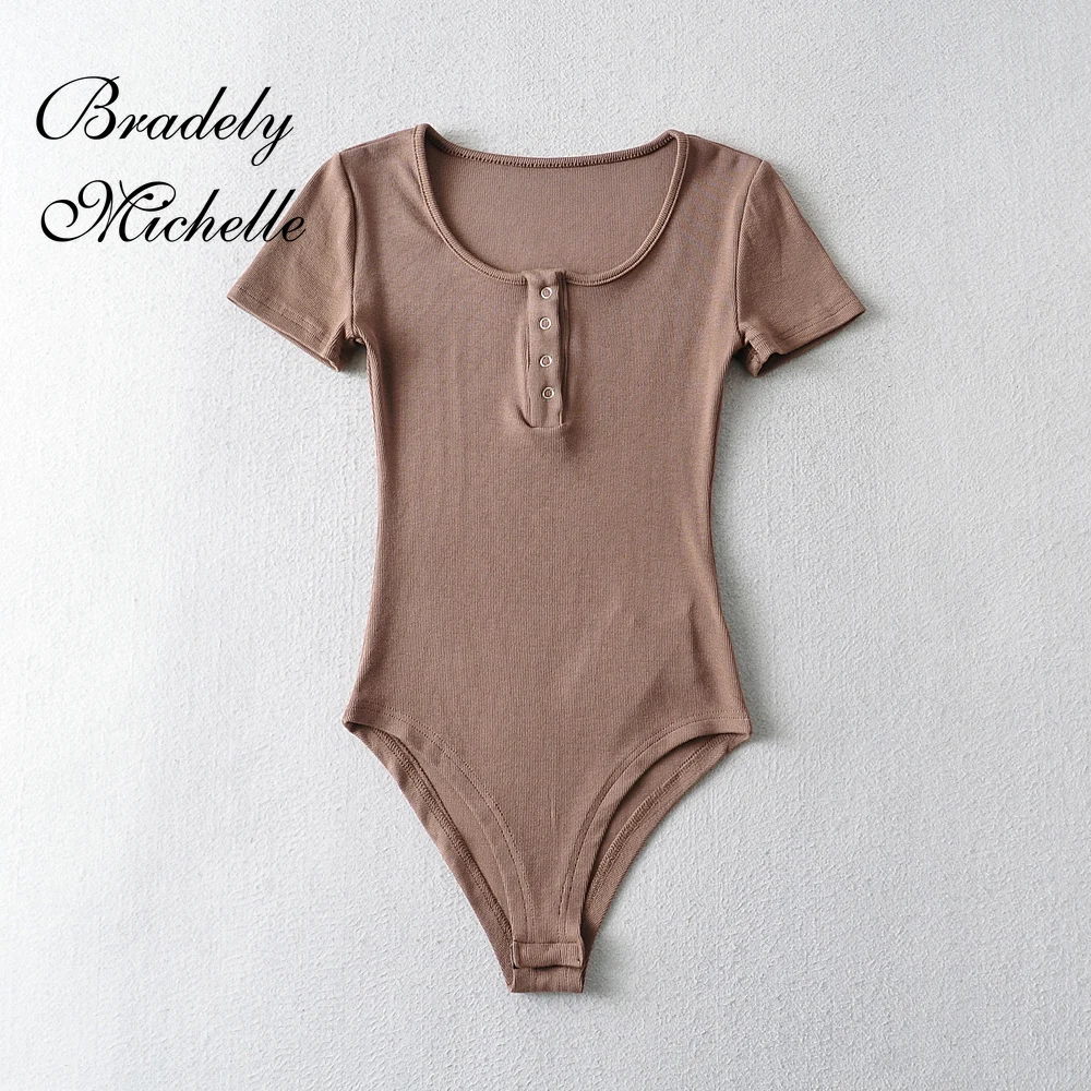BRADELY MICHELLE Sexy Slim Thin Tops Solid Knit Short Sleeve Bottom Summer Bodysuits Women Summer Rompers