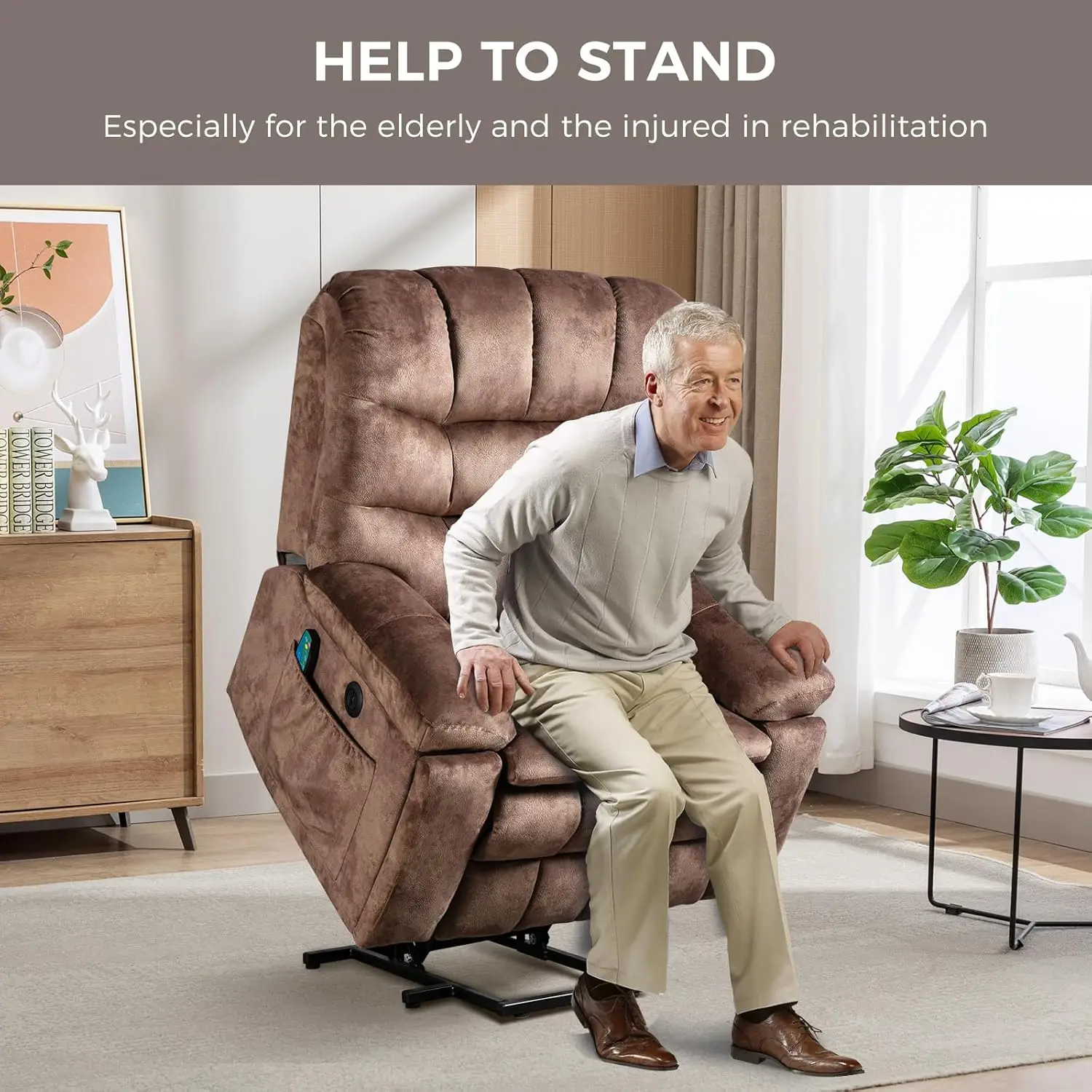 Customized Brown Large Heavy   Ergonomic     Lift Recliner with Massage Heat USB Port Cup Holders for Elderly