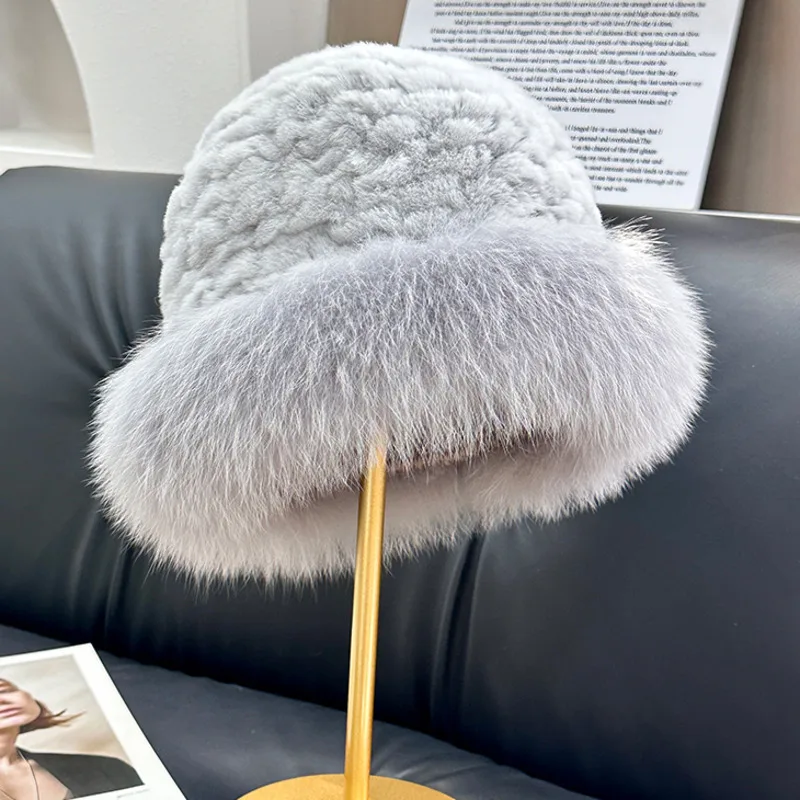 

Шапка из натурального меха кролика рекс с краем из лисьего меха, модная рыбацкая шапка для женщин, теплая шапка для защиты ушей, роскошные вязаные шапки-бомберы