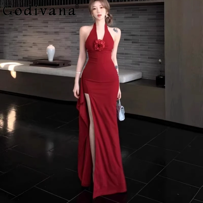 

Large Size L-4XL Temperament Sexy V-neck Red Halter Dress Summer New Chic Three-dimensional Flower Elegant Party Split Dresses