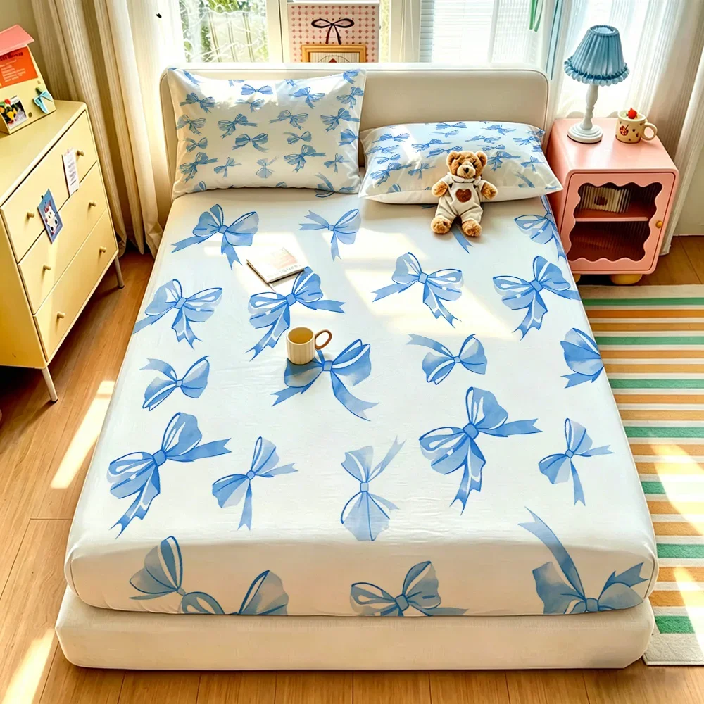 3PCS Soft Watercolor Hand-painted Blue Bow Fitted Sheet Set, Soft Bedroom Bedding Decor (No Insert Included)