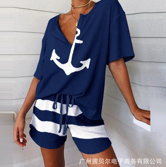 

Women's Comfortable Suits 2024 Spring Summer Latest Casual Loose Pit Striped Short Sleeved Top Shorts Home Clothing Pajama Set