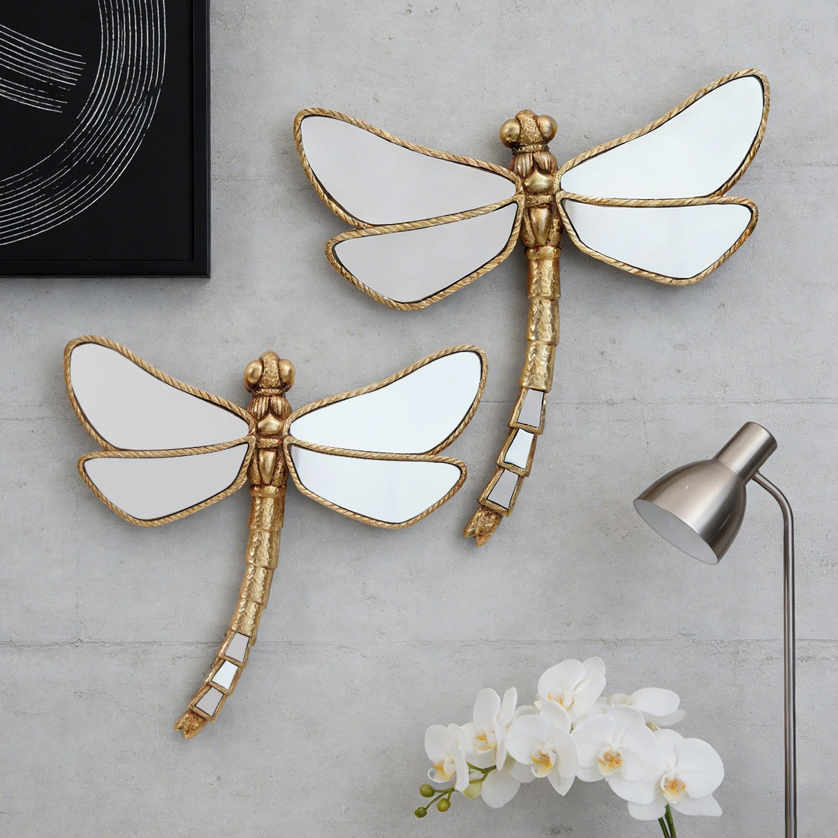 1PC, French-Gold-Plated Dragonfly Mirror Wall Hanging. Resin Three-Dimensional Dragonfly-Shaped Mirror Wall Decoration